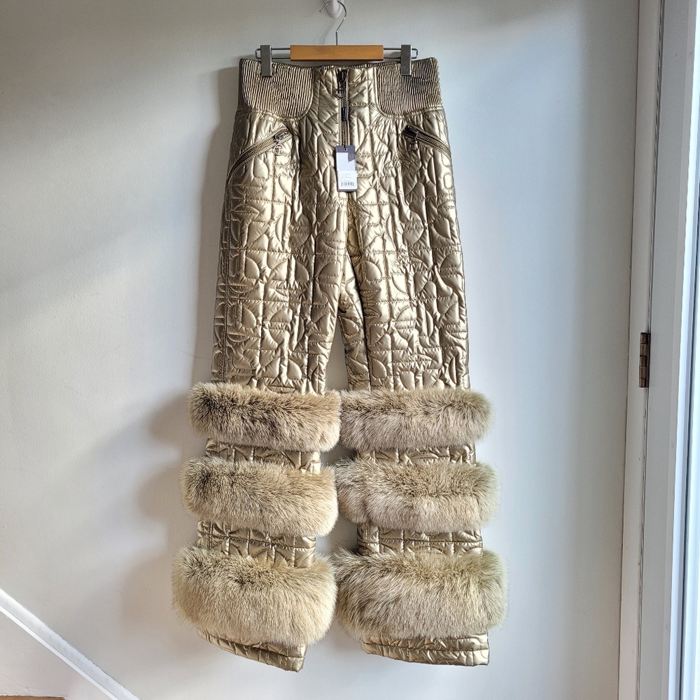 Moose Knuckles Metallic Gold Quilted Ski Pants with Fur Trim - Picture 6 of 13
